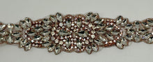 Handmade rhinestone bridal belt with clear rhinestones, pearls, and glass beads in gold.