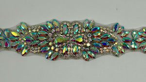 Handmade rhinestone bridal belt with clear rhinestones, pearls, and glass beads in gold.