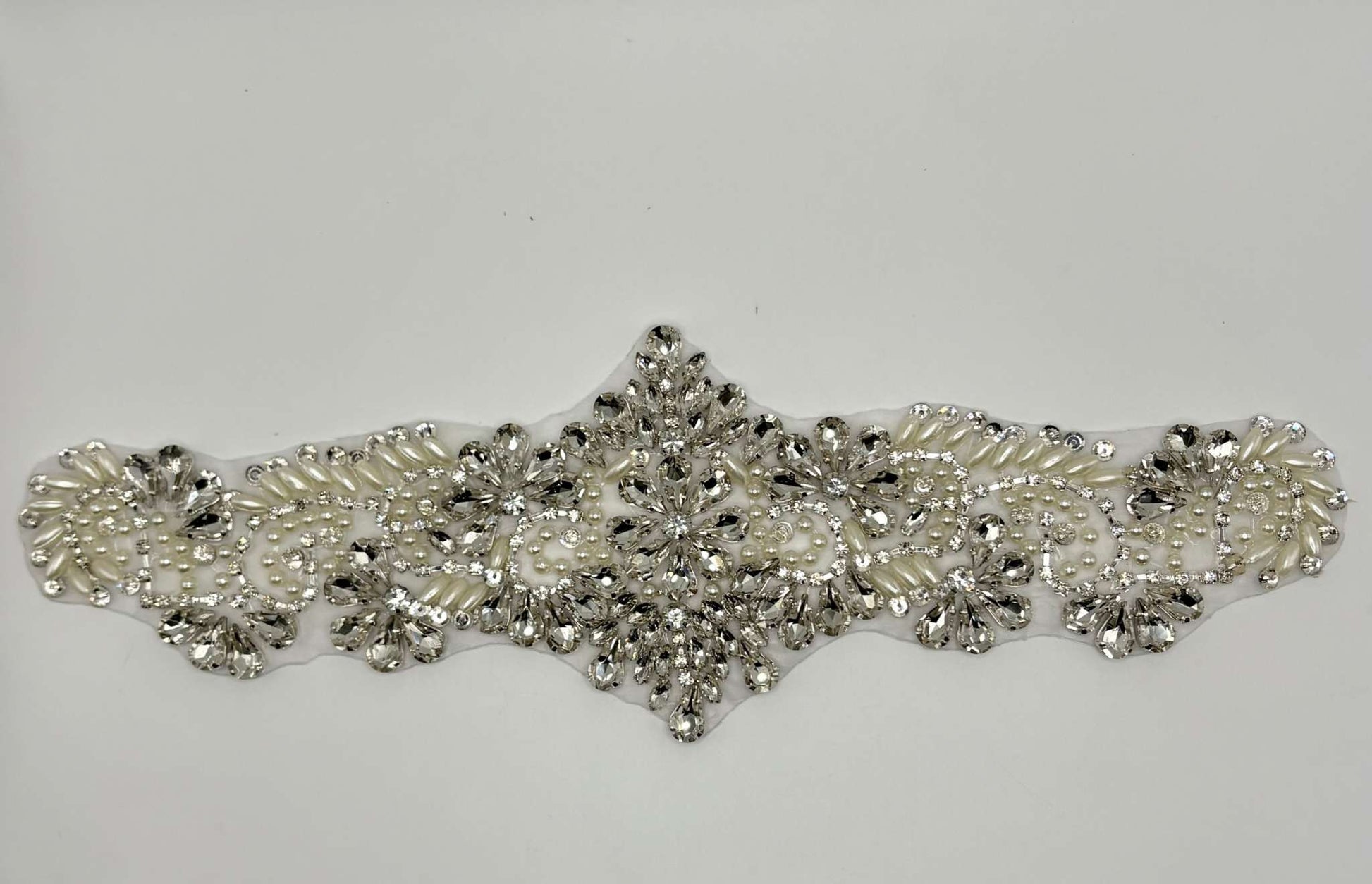 London Rhinestone and Pearl Applique,  Bridal Belt accent, handmade design, 11.5 inches.