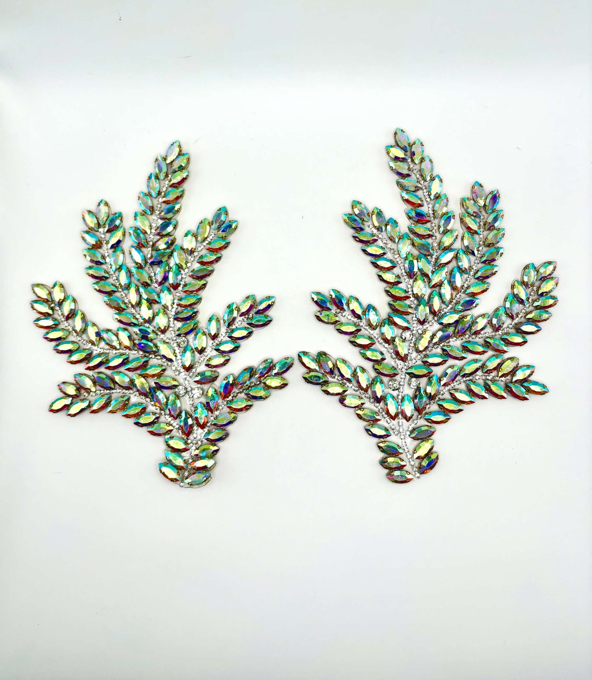 Handmade Rhinestone Pair with leaf design, approximately 7.5" x 5.5".