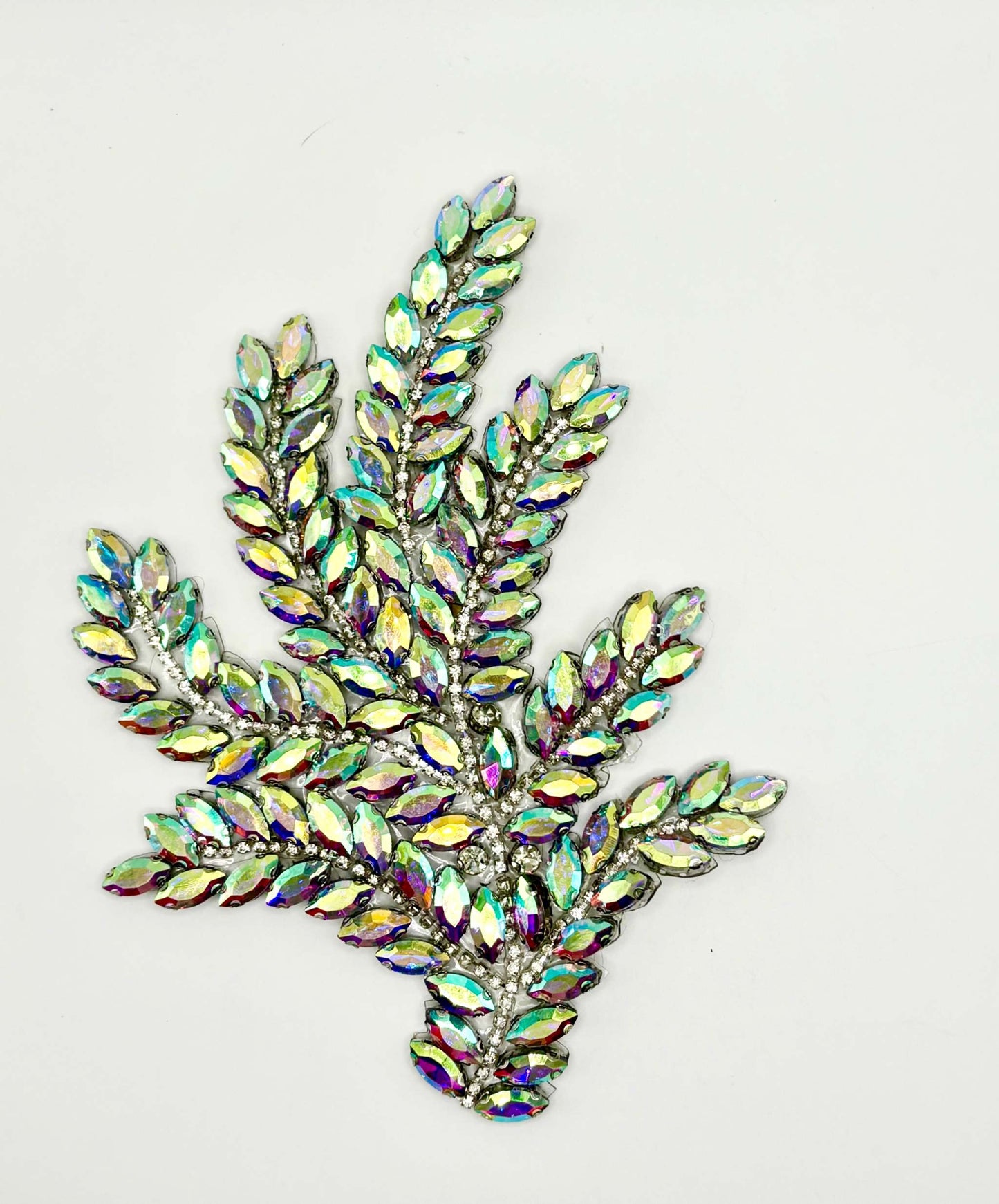 Handmade rhinestone pair with iridescent leaves, size 7.5" x 5.5".