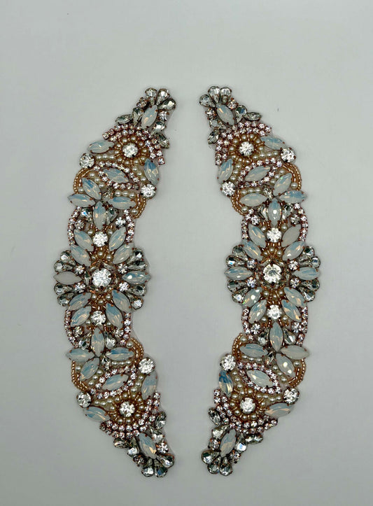 Lizzy curved rhinestone pair with pearls and opals, handmade, approximately 8 inches.