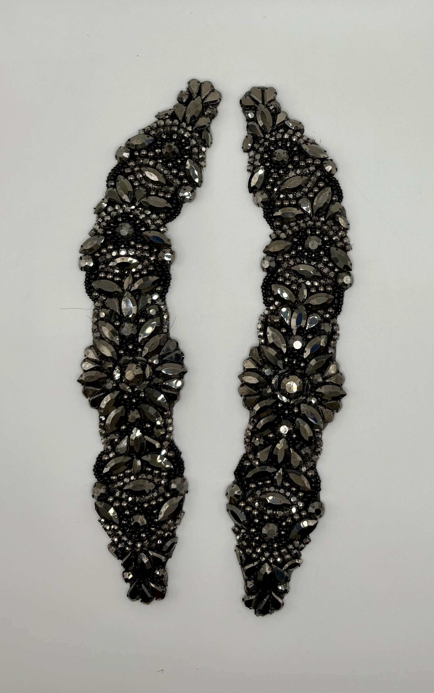 Handmade "Libby" rhinestone pair with pearls, curved design, 10 inches.