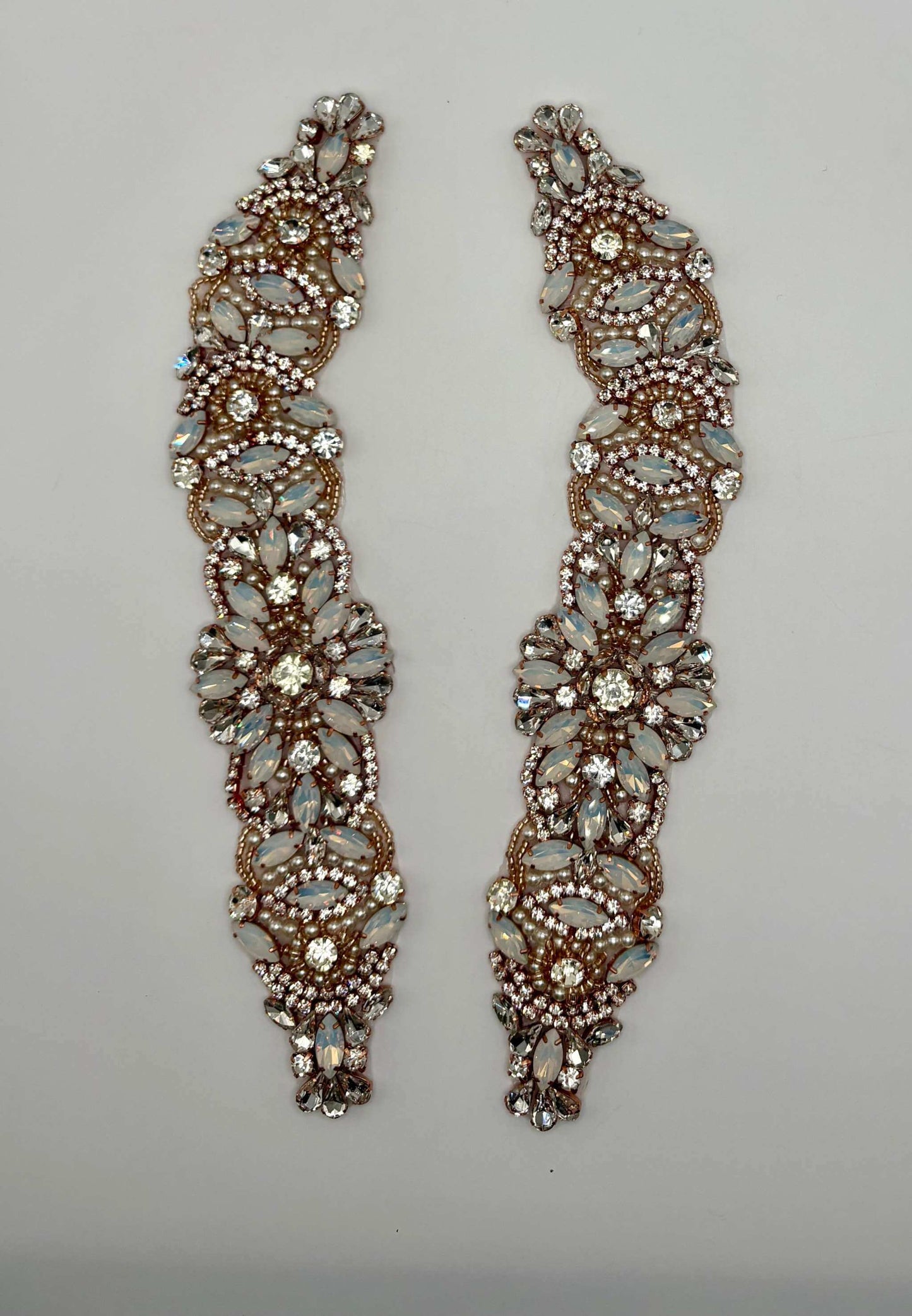 Handmade "Libby" Rhinestone Curved Pair with Pearls and Opal, 10 inches long.