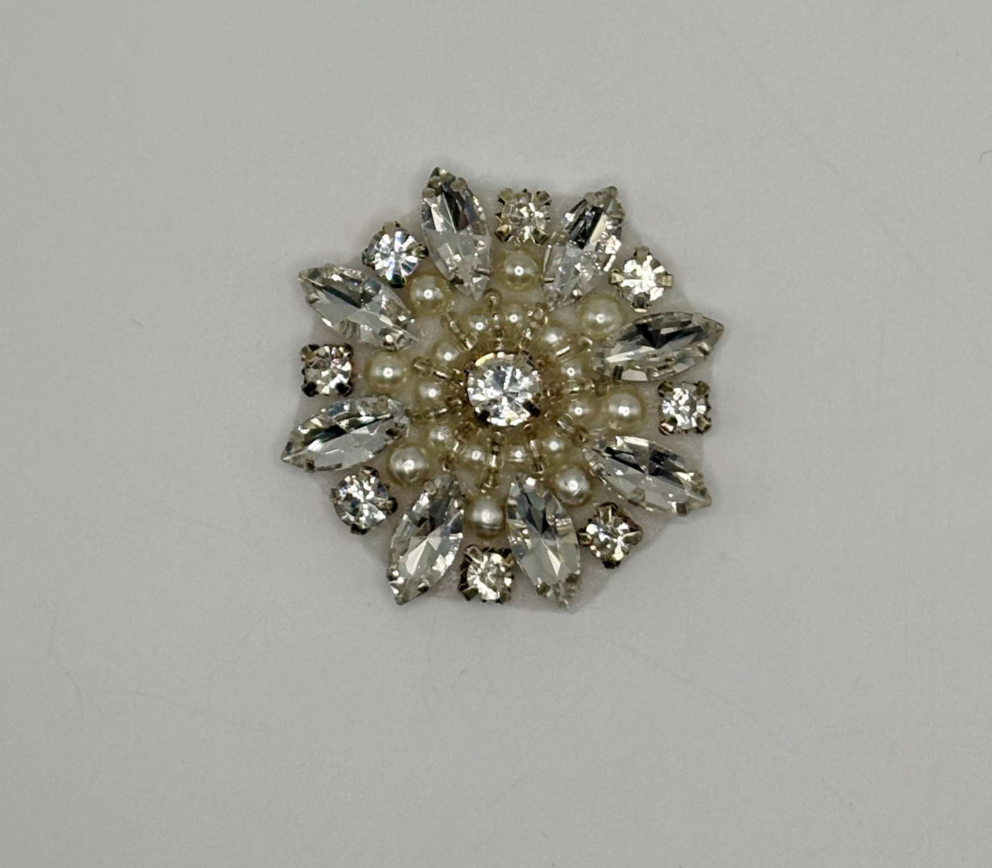 "Olivia Medallion" rhinestone and pearls applique brooch, 2-inch round with intricate design.