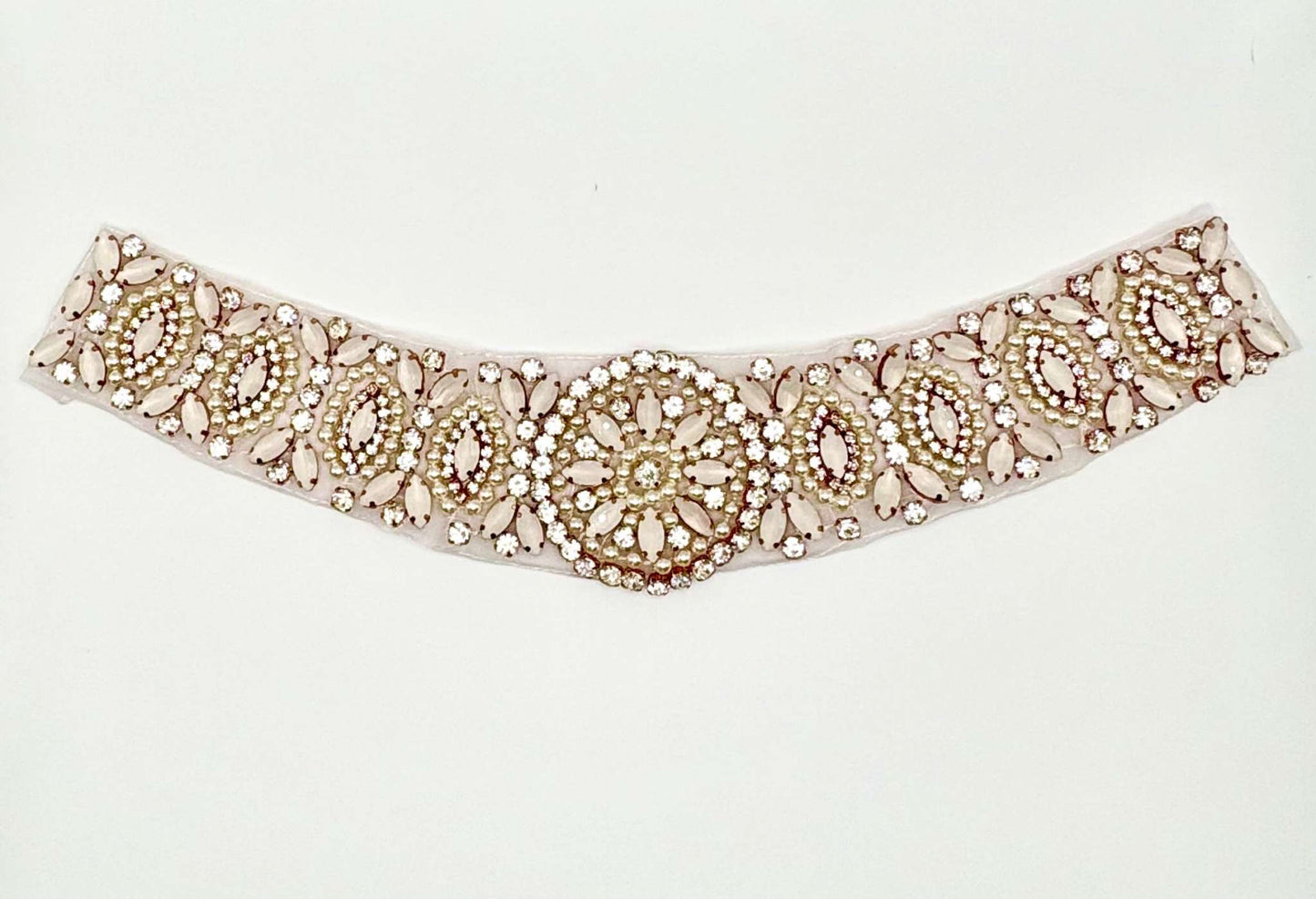 "Olivia" Rhinestone Pearl and Opal Applique, handmade chocker neckpiece, 14 inches.