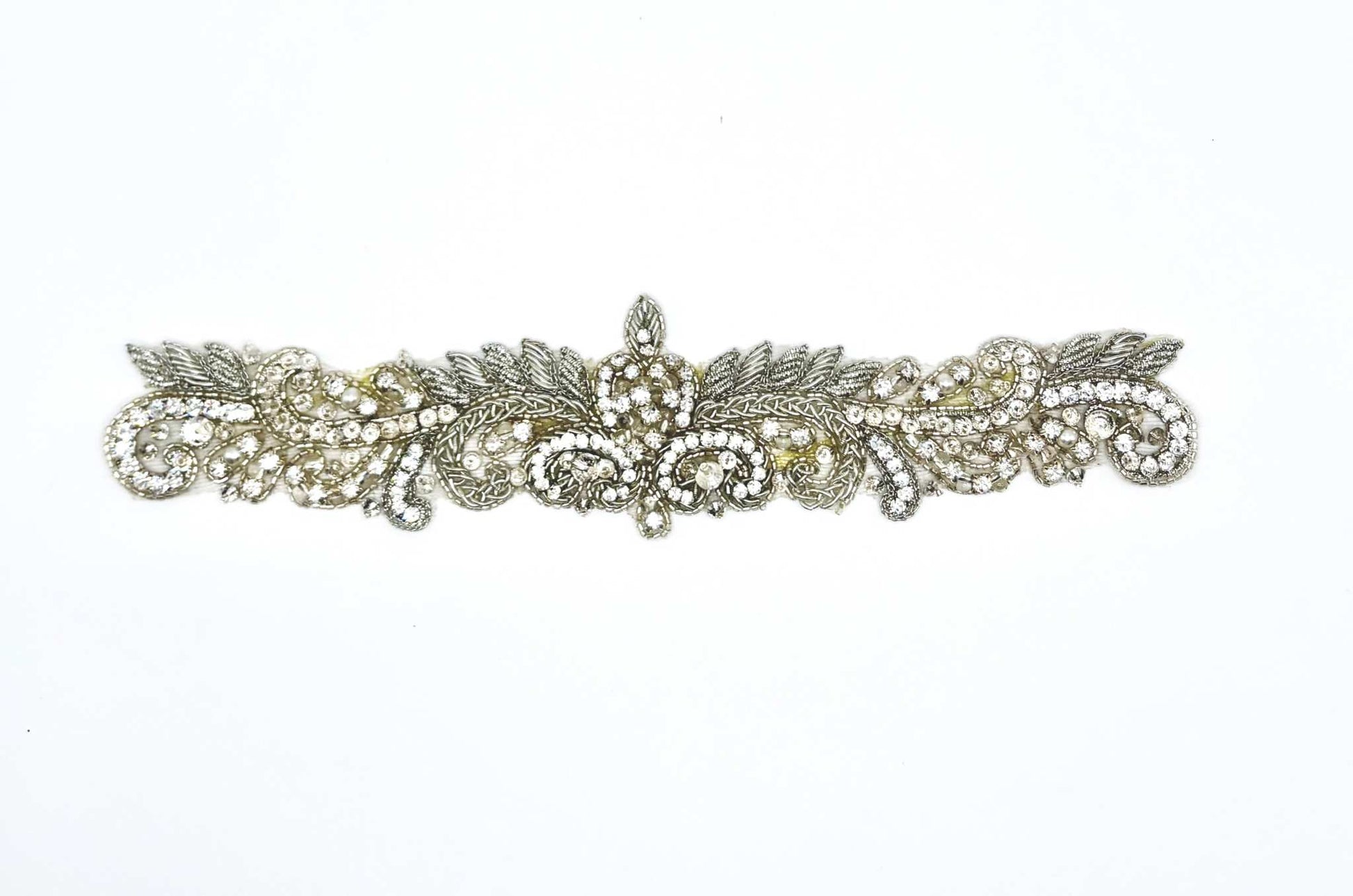Handmade "La France Motif" rhinestone with silver bouillon thread accent, approximately 9 inches in length.