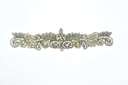 Handmade "La France Motif" rhinestone with silver bouillon thread accent, approximately 9 inches in length.