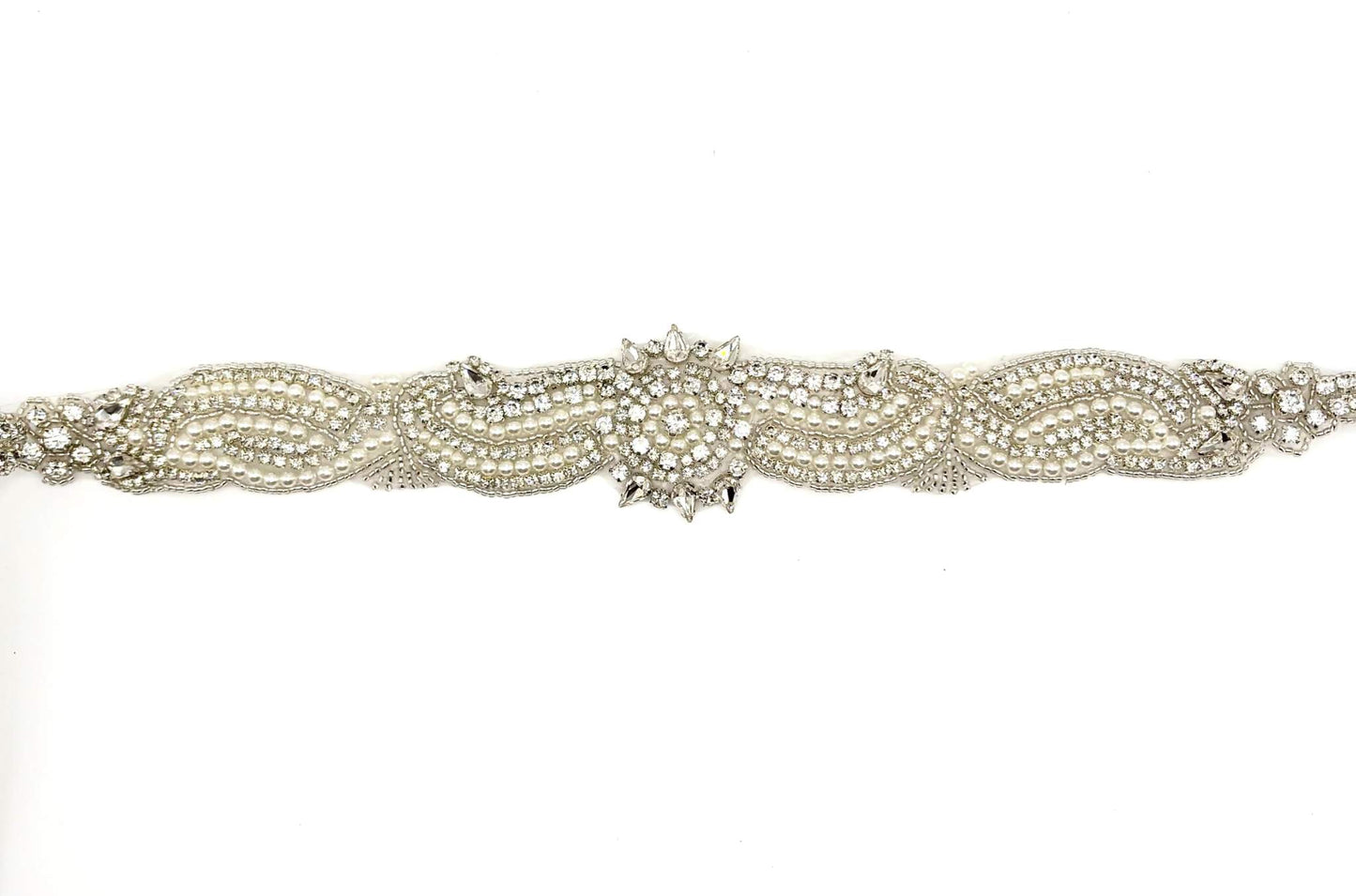 Little Miss rhinestone and pearl bridal belt, handmade, approximately 32 inches.