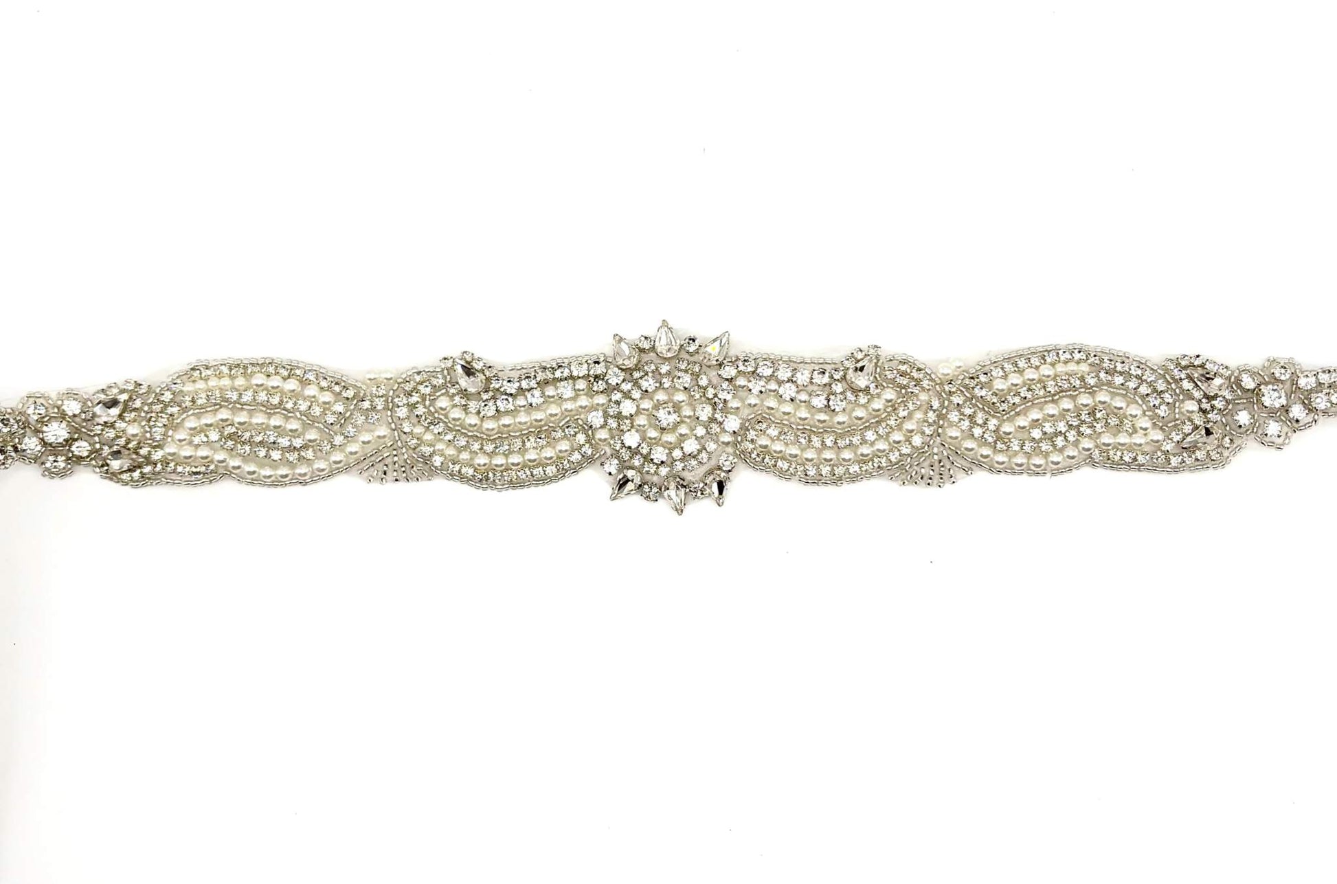 Little Miss rhinestone and pearl bridal belt, handmade, approximately 32 inches.