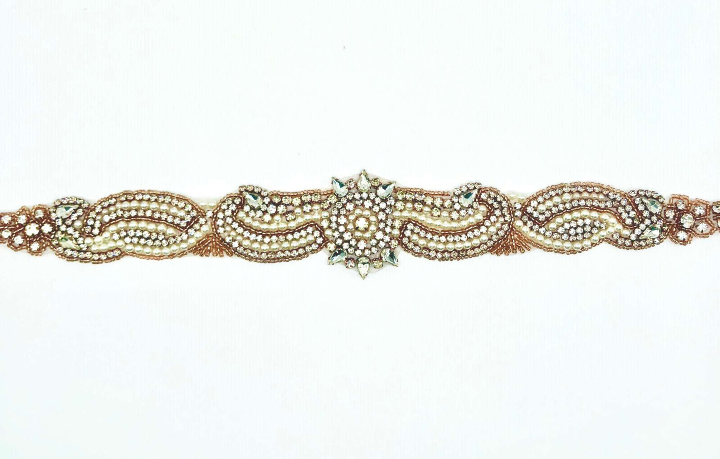 "Little Miss" handmade rhinestone and pearl bridal belt, 32 inches long.