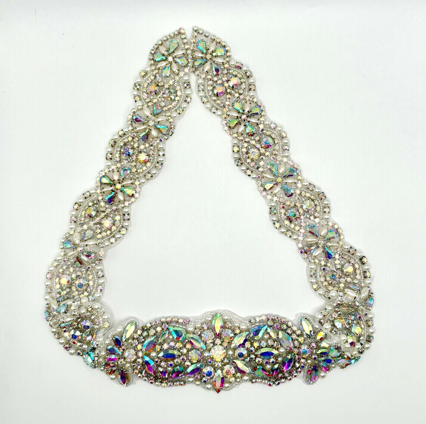 Chamberlain Sash bridal belt with rhinestones and pearls, handmade design.