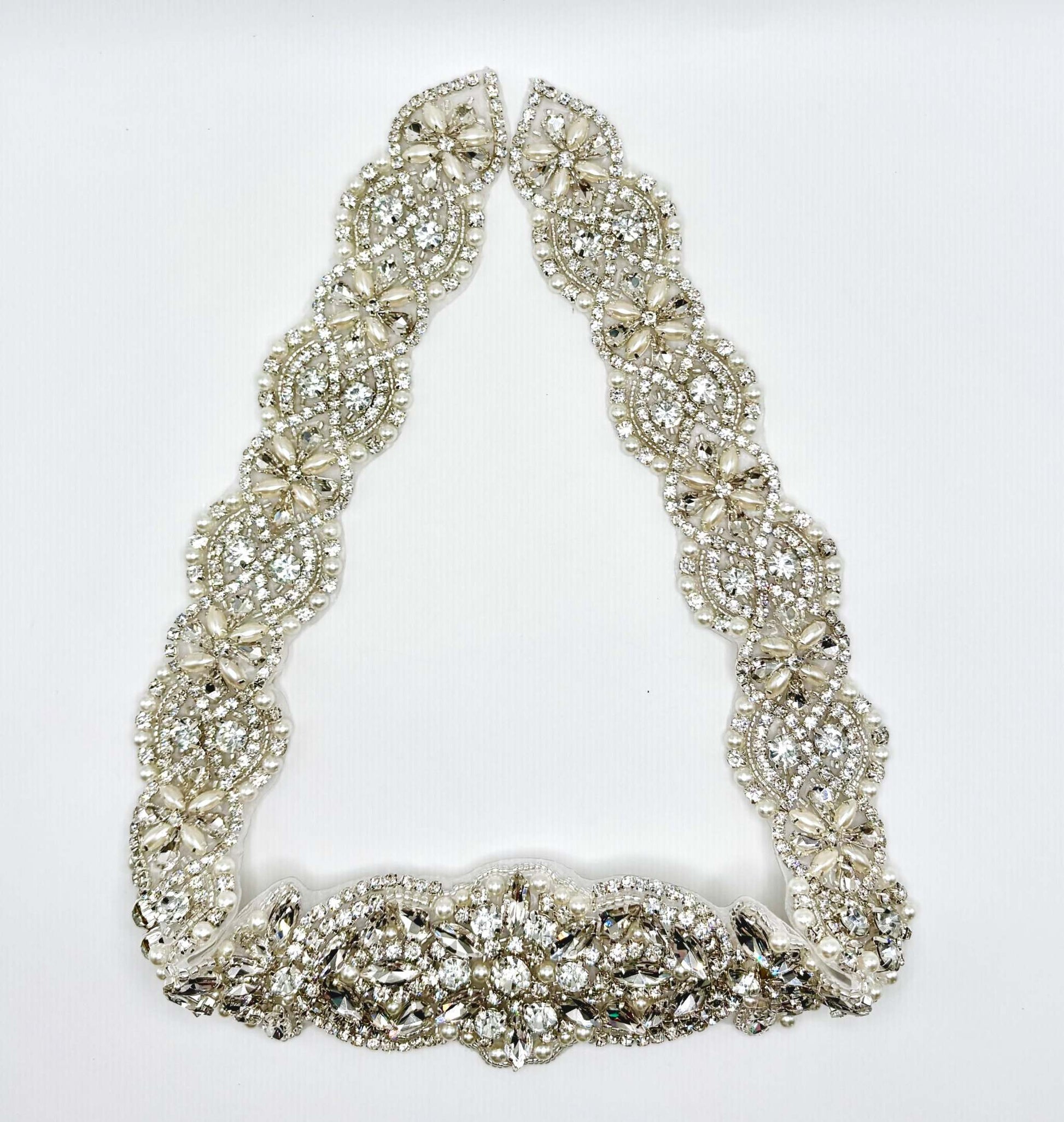 Chamberlain Sash bridal belt with rhinestones and pearls.