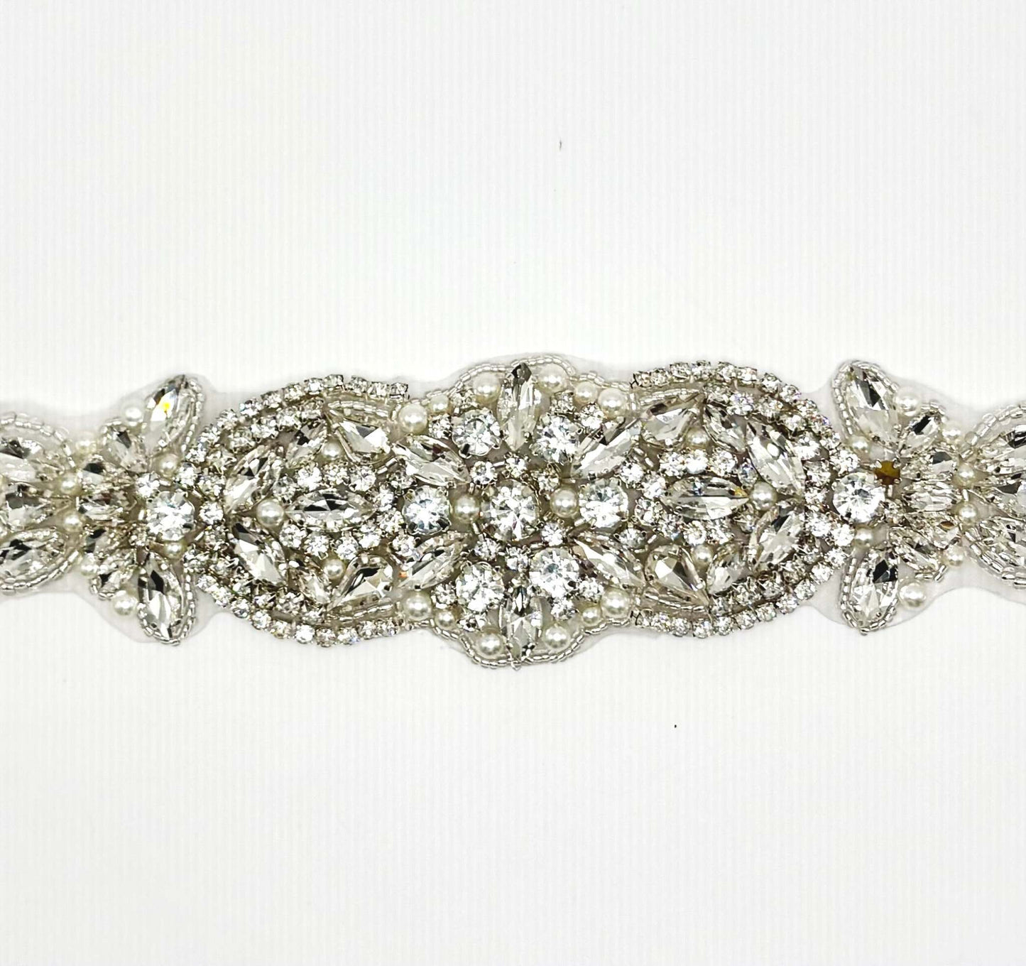 Chamberlain Sash bridal belt with rhinestones and pearls.