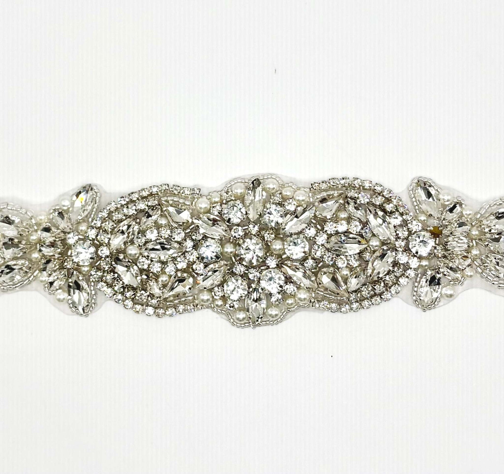 Chamberlain Sash bridal belt with rhinestones and pearls.