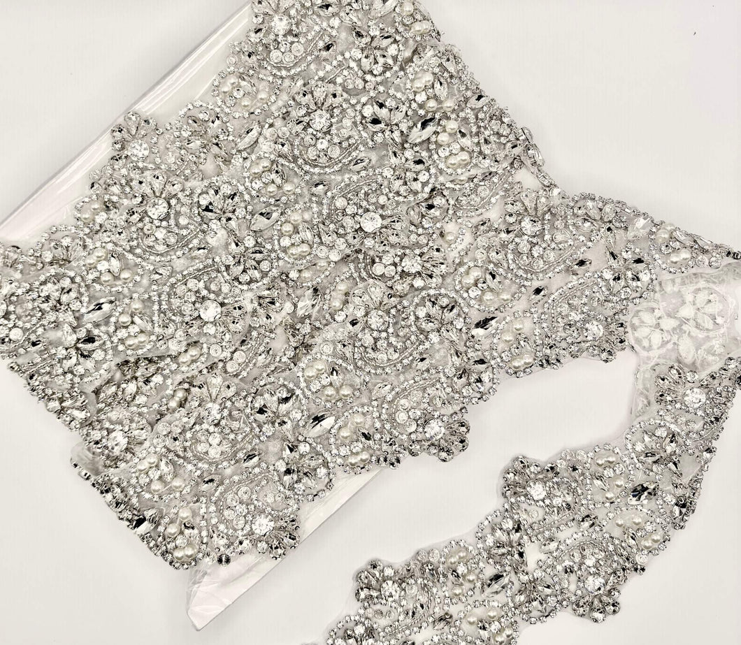 Crowning Glory rhinestone and pearl trim, handmade with clear rhinestones on silver settings.