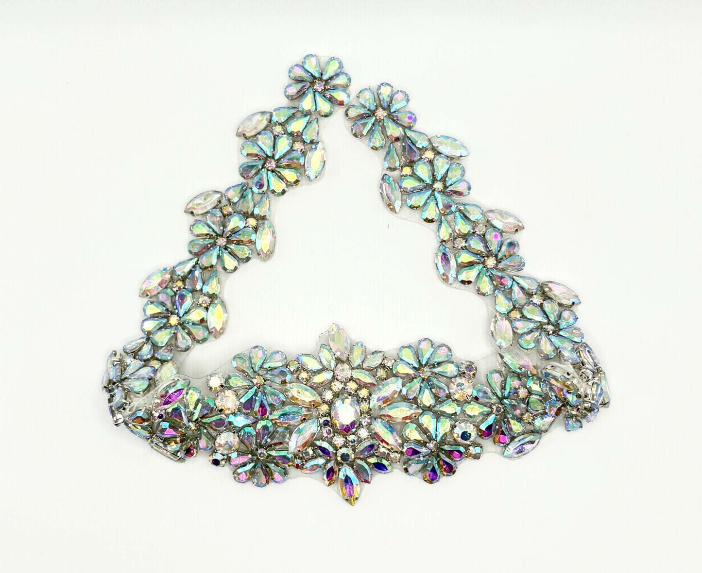 Carina rhinestone belt accent with floral design in AB finish on silver.