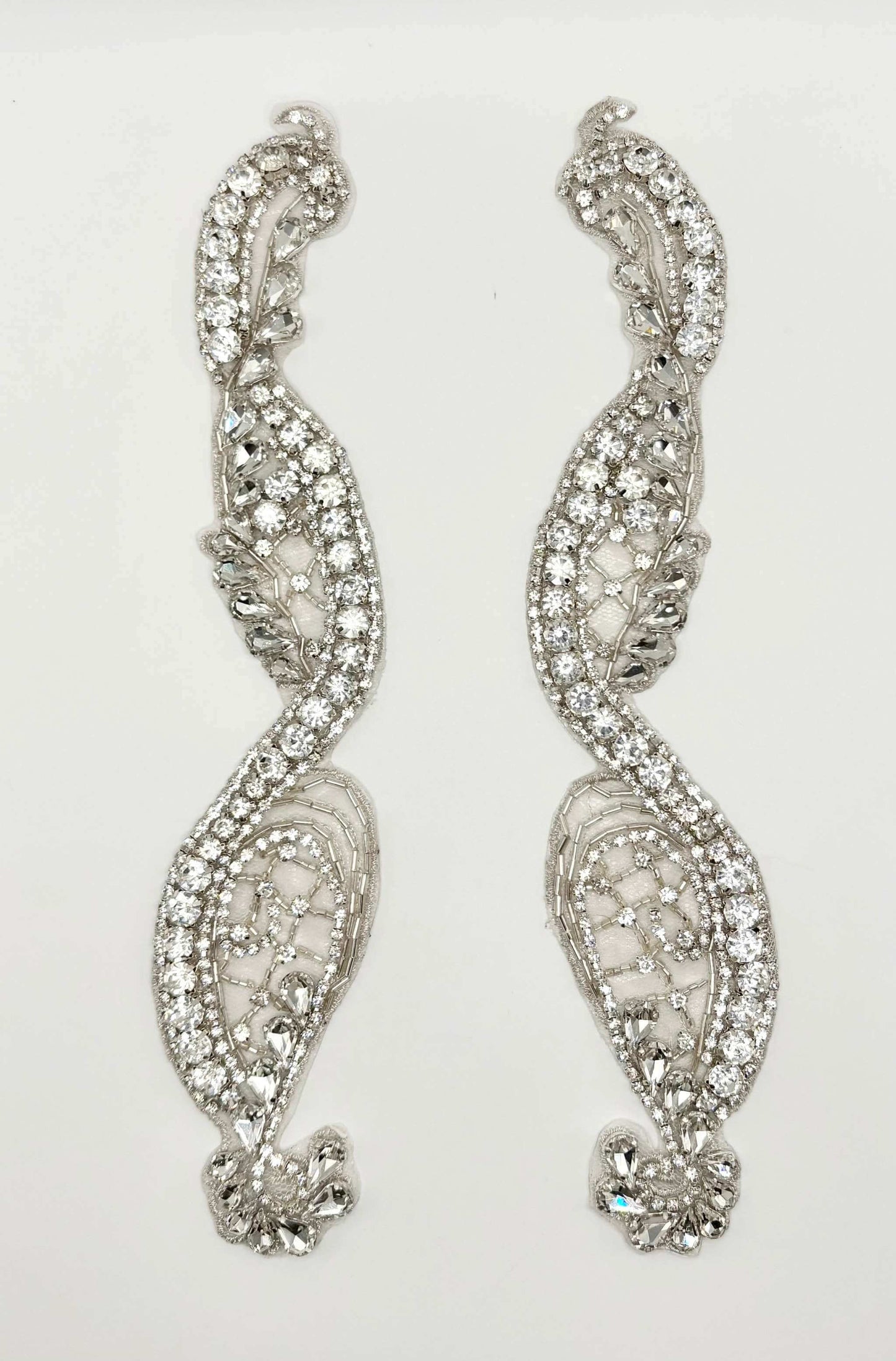 Trina Small Rhinestone handmade pair with clear rhinestones and glass beads, approximately 11 inches long.