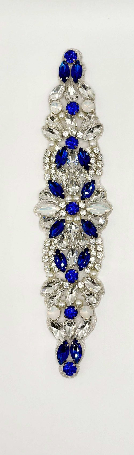 Handmade opal and rhinestone applique accent with clear and royal blue rhinestones, pearls, and opals, approximately 8 inches in length.