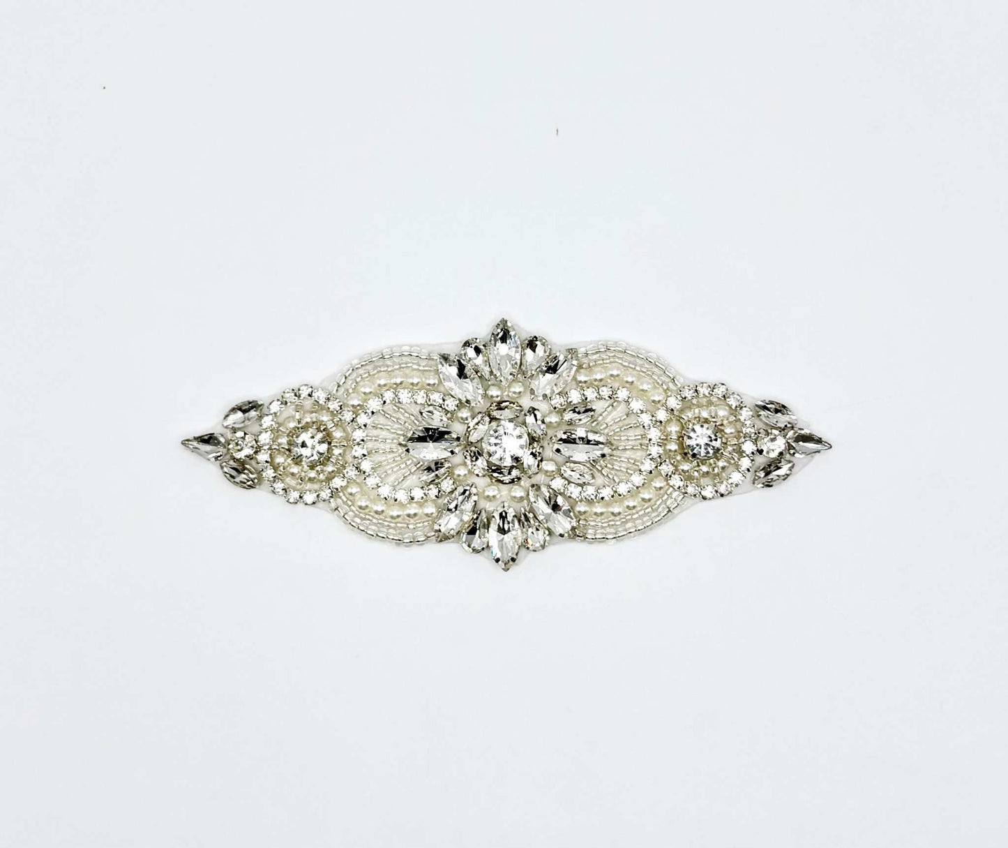 Handmade "Petite Pearl" bridal belt accent with rhinestones and pearls.