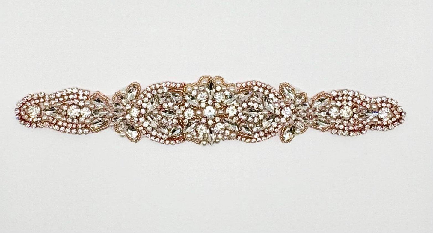 Elegant "Pearl Rose" Rhinestone Bridal Belt adorned with pearls.