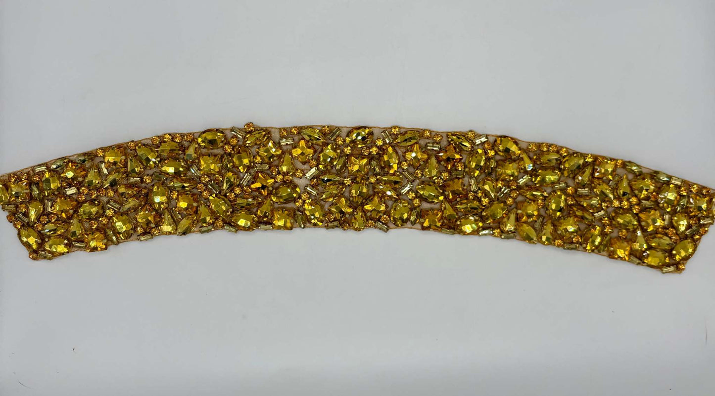 Handmade mixed rhinestone choker in gold tones.