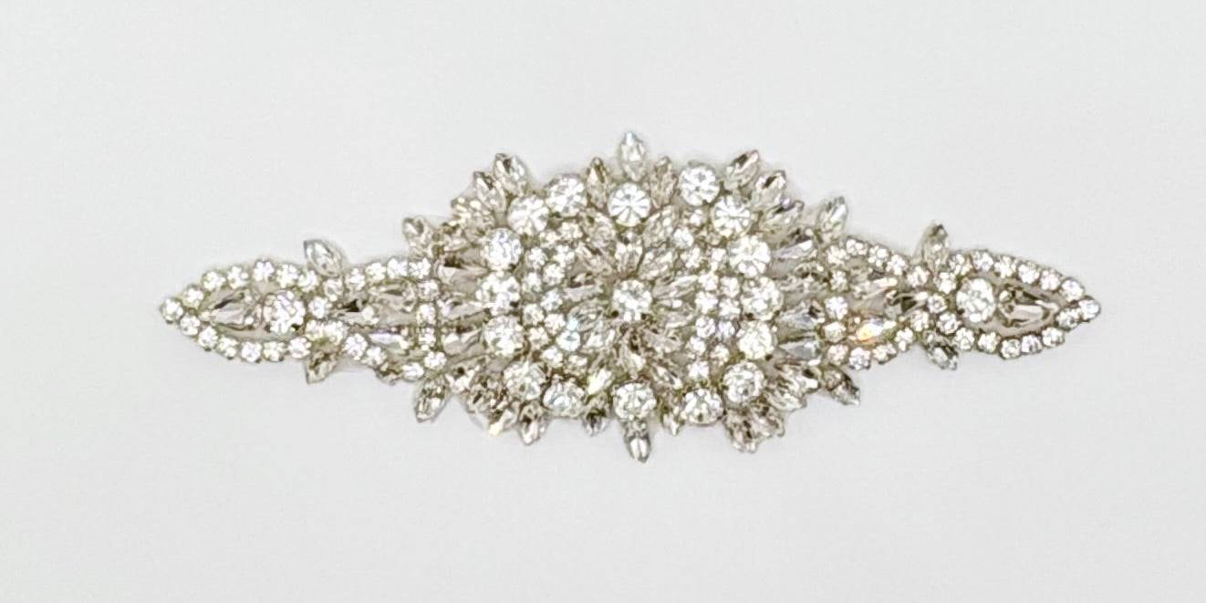 Handmade Becca Rhinestone Applique Accent with clear rhinestones on silver setting.