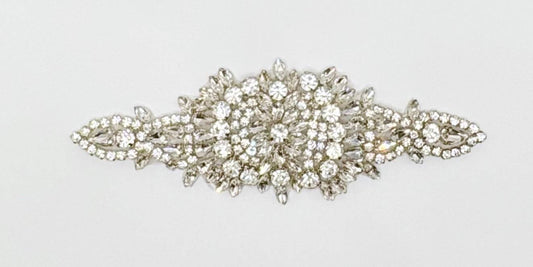 Handmade Becca Rhinestone Applique Accent with clear rhinestones on silver setting.