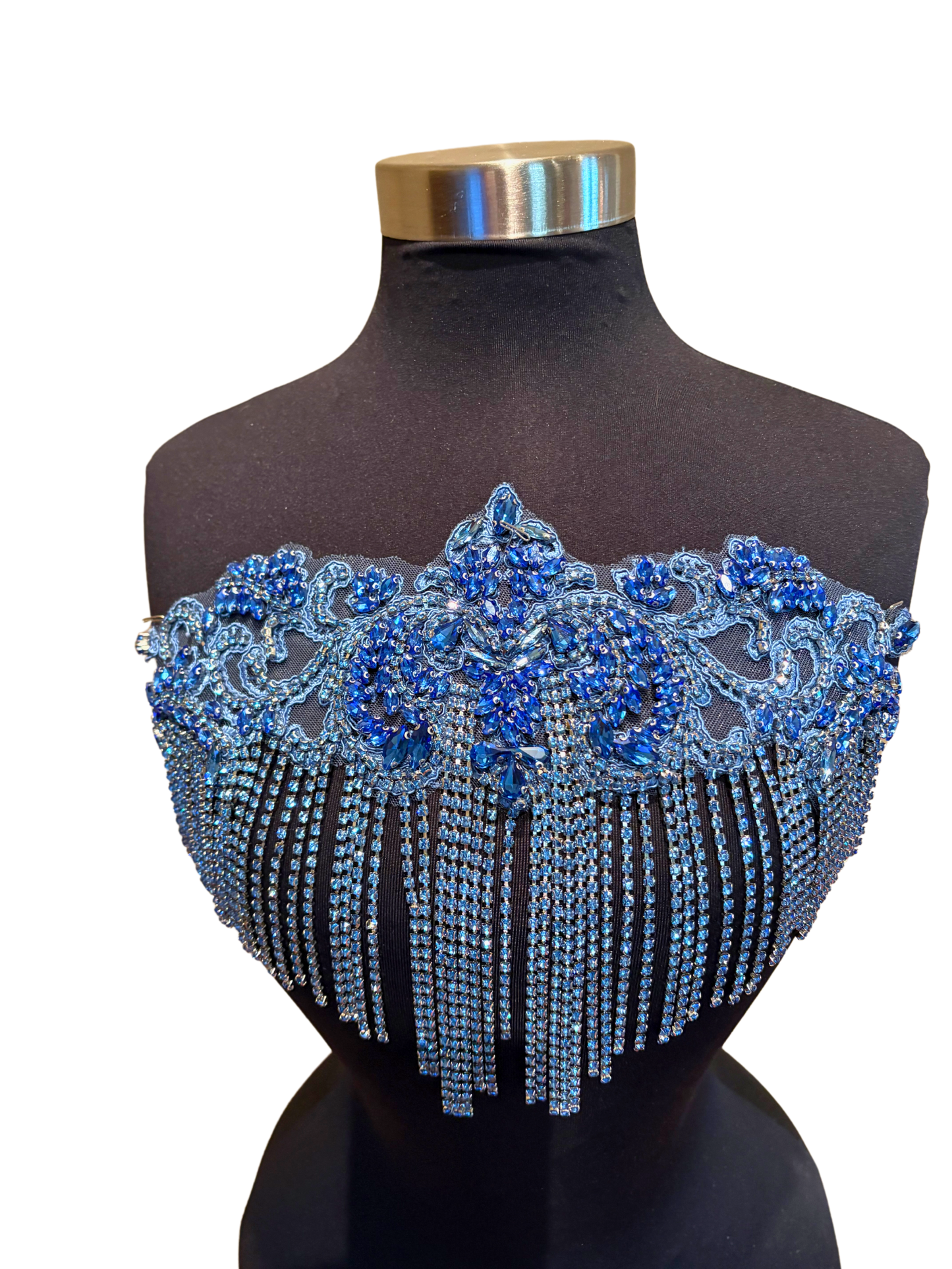 Handmade rhinestone fringe applique with chain decoration, ideal for bridal wear and DIY projects.